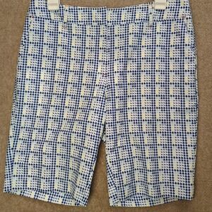 Annika‎ Cutter & Buck Womens Sz 6 Golf Shorts Blue & Yellow Geometric 10" INSEAM